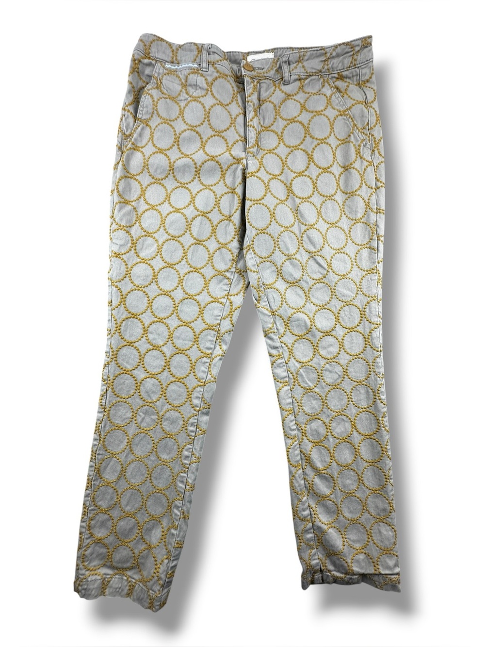 Anthropologie Chino Relaxed Embroidered Straight Leg Pants Tan 32 EUC